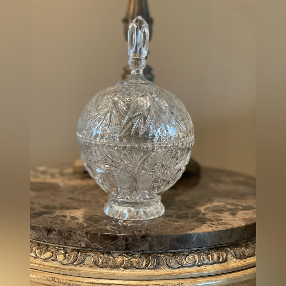 Vintage American Brilliant, Hand Cut Glass Compote, Candy Dish with Lid Violetta